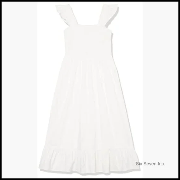 Cotton Smocked Midi Dress with Ruffled Shoulders - Picture 6 of 6